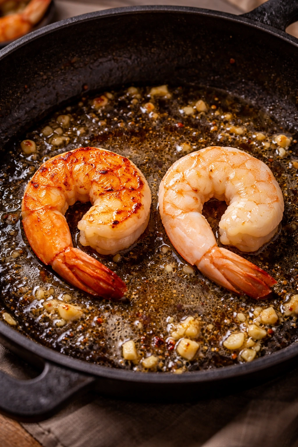 Close-up of two shrimp showing golden sear vs pale undercooked to illustrate proper drying and searing