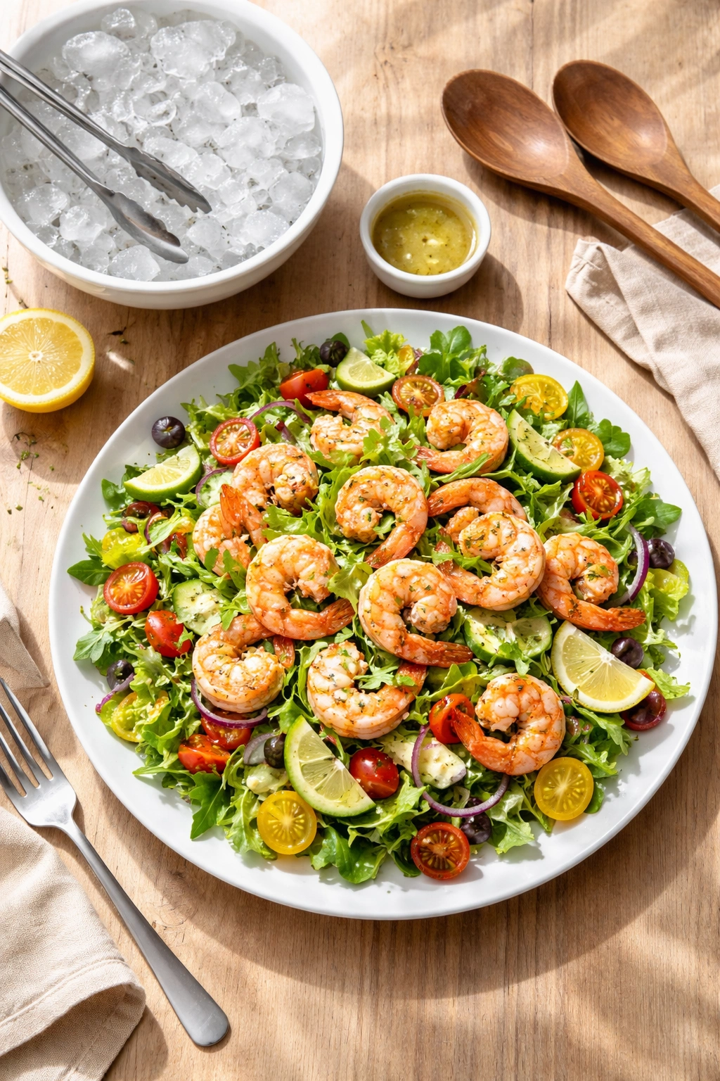 Chilled shrimp salad on a serving plate with ice bath nearby, illustrating serving and cooling timing