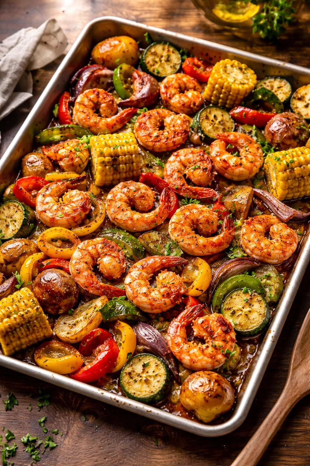 Top-down view of sheet-pan Cajun shrimp and vegetables