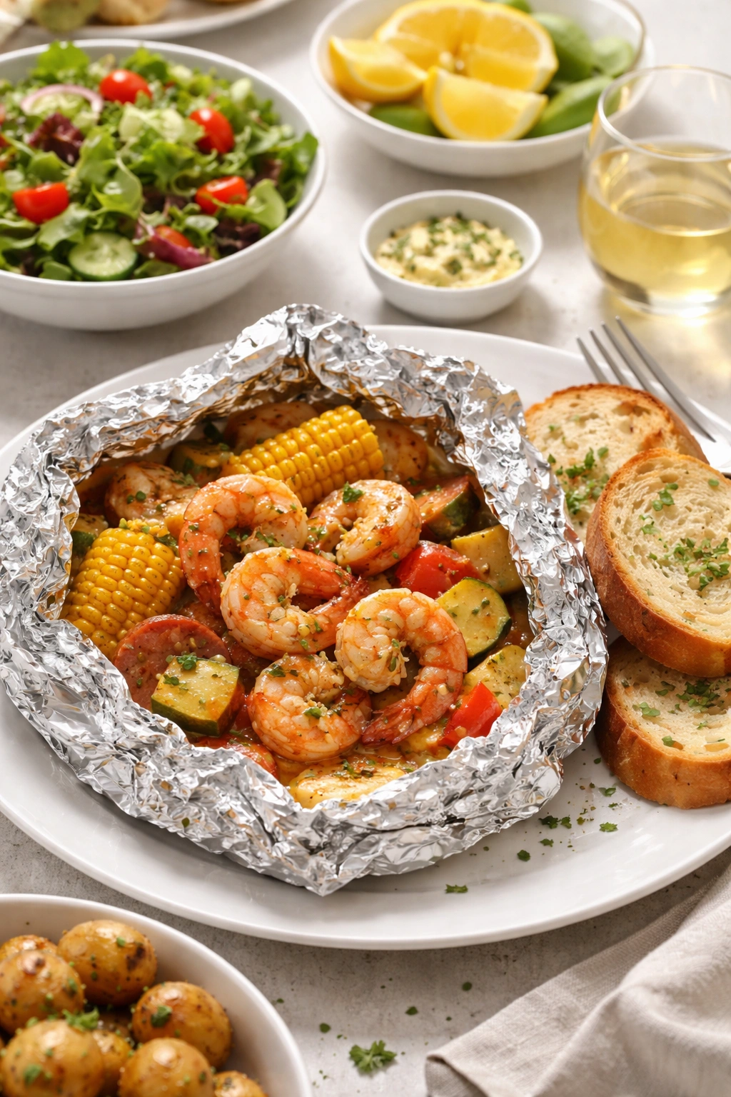 Plate with opened shrimp packet, butter sauce, salad, and crusty bread