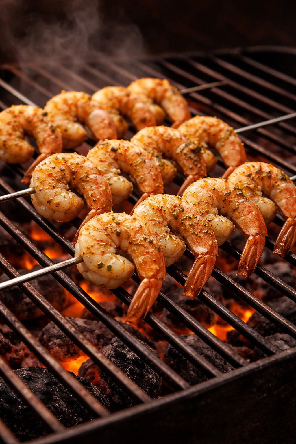 Close-up of shrimp skewers threaded horizontally on metal skewers over a grill