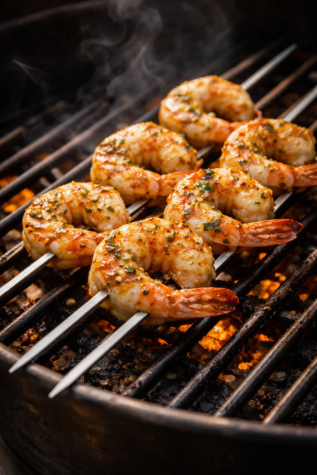 Close-up of garlic butter shrimp skewers grilling on a barbecue grate