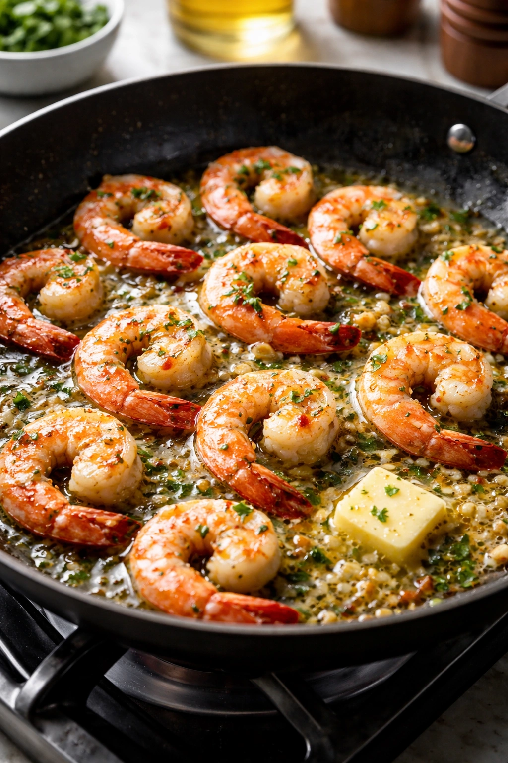Shrimp cooking in a skillet with butter and garlic, glossy sauce