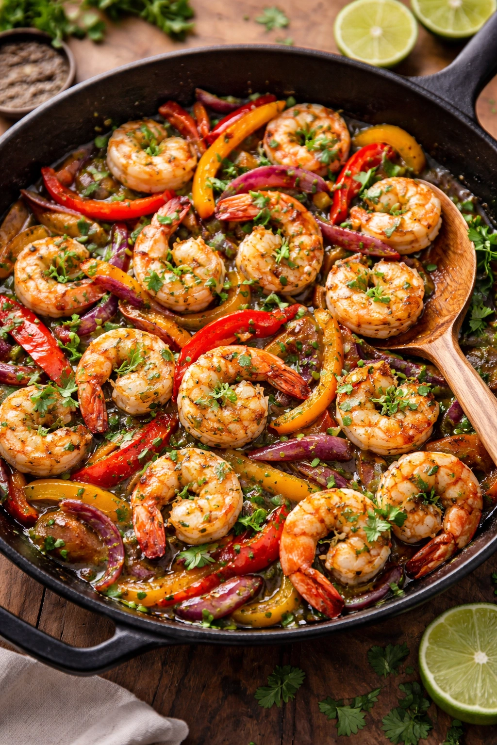 Shrimp skillet with onions and peppers in cilantro-lime sauce