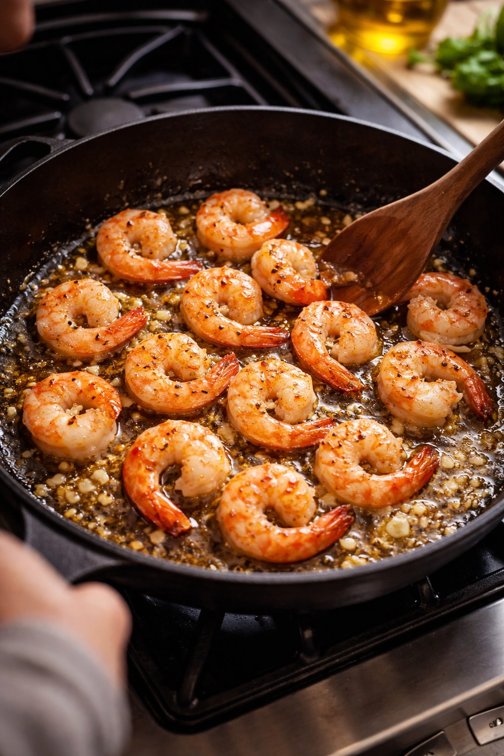 Shrimp cooking in skillet with garlic on stove