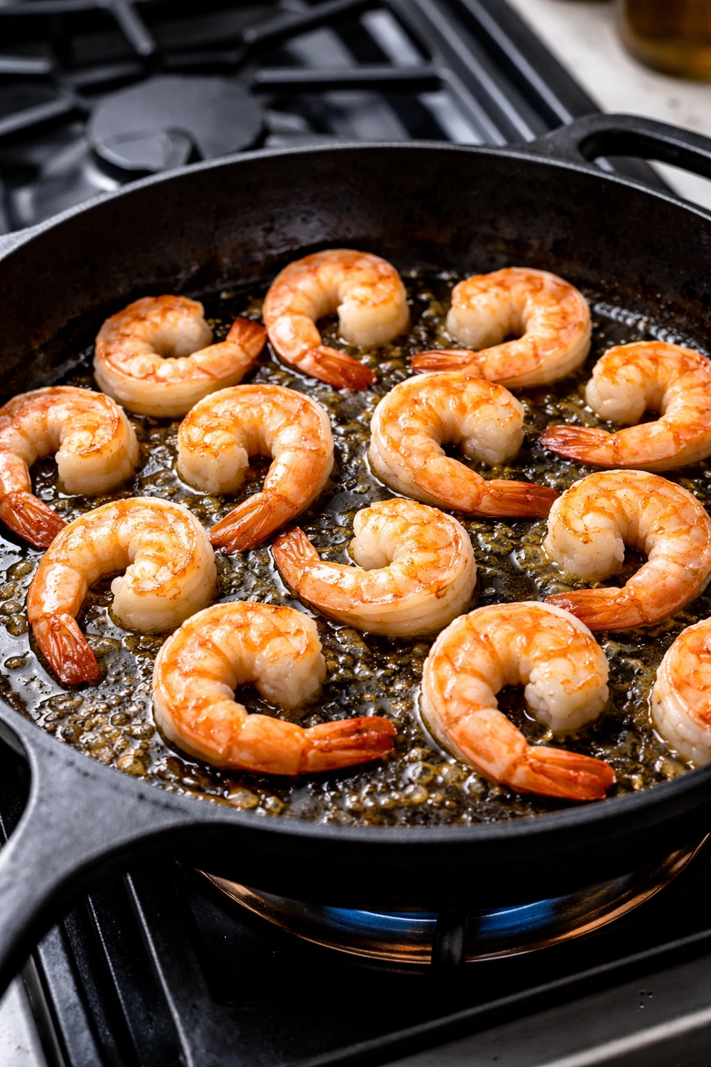 Shrimp cooking in a skillet with a golden bottom and pink edges.