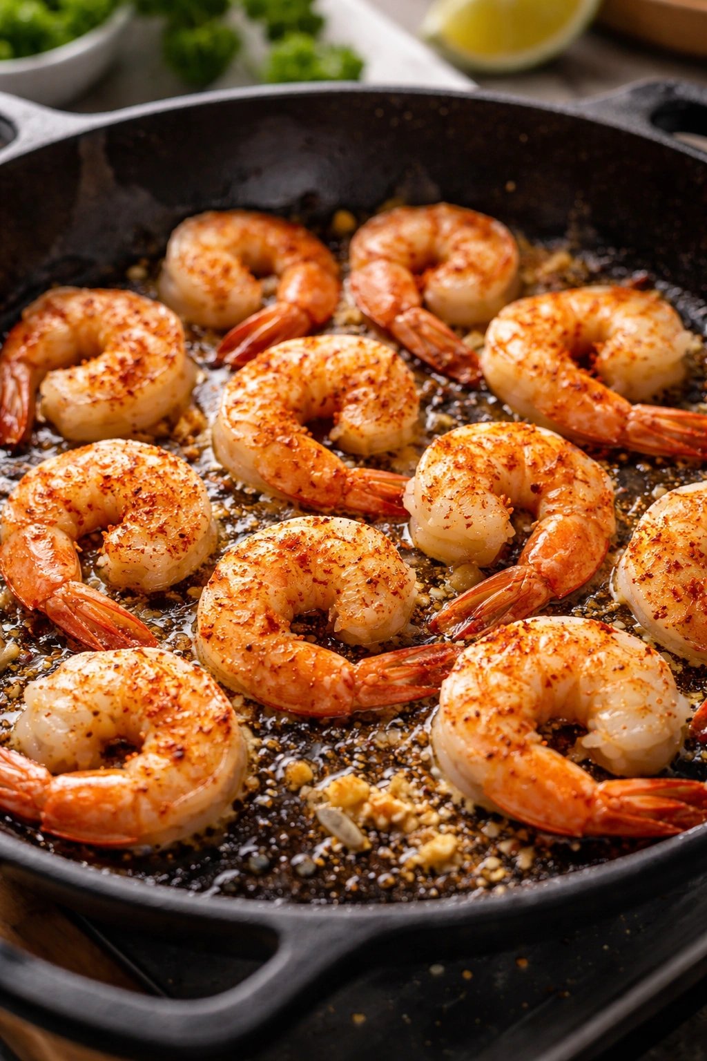 Seasoned shrimp on a skillet ready to cook
