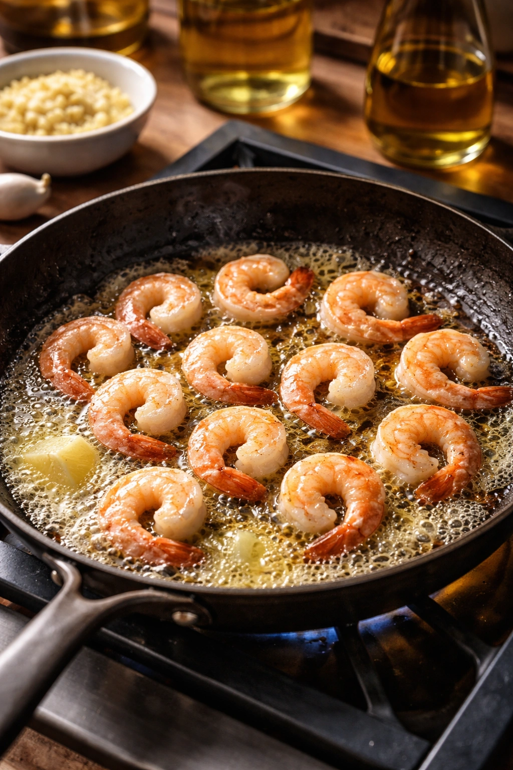 Shrimp searing in a hot skillet with foaming butter and shimmering oil.