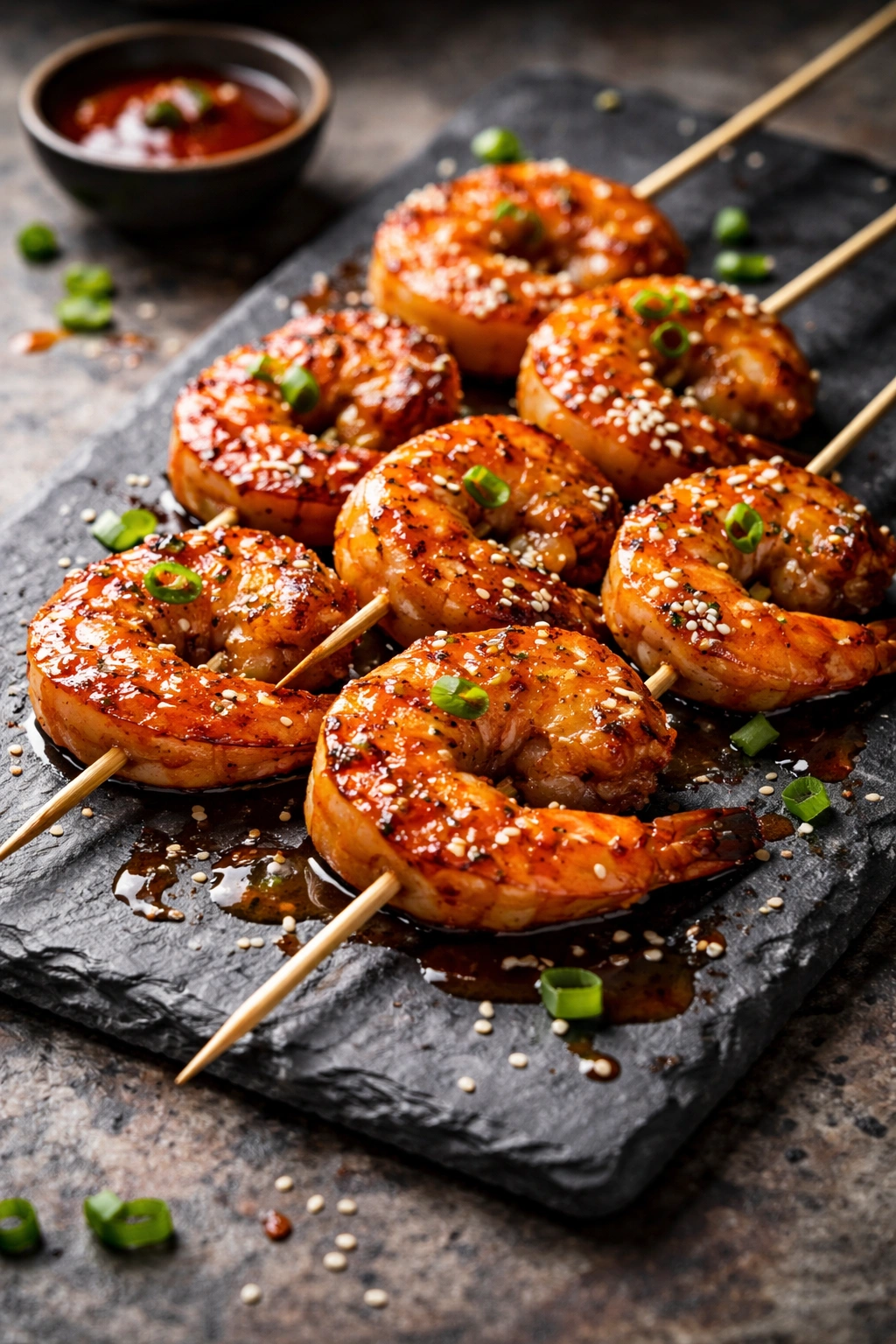 Spicy honey Sriracha shrimp bites on skewers