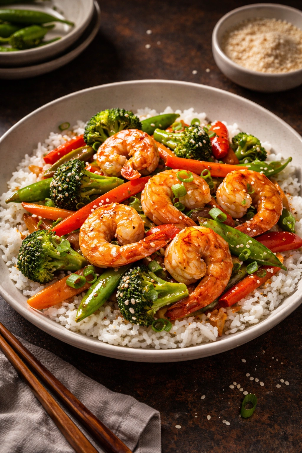 Shrimp stir-fry plated with glossy sauce and vegetables.