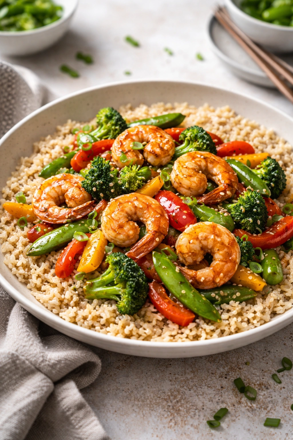 Shrimp stir-fry with vegetables and brown rice in a bowl