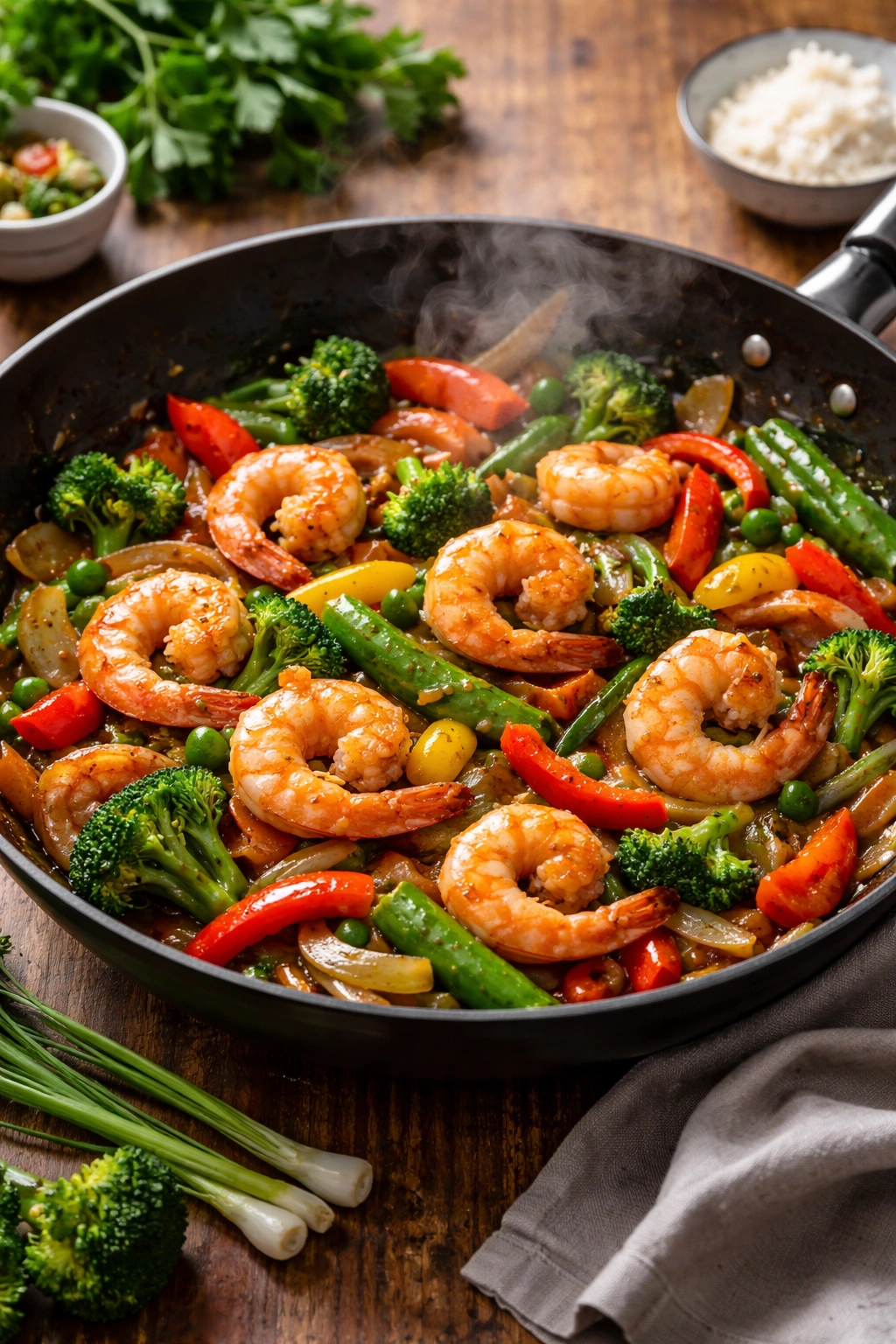 Sizzling shrimp stir-fry in a skillet with colorful veggies and glossy sauce