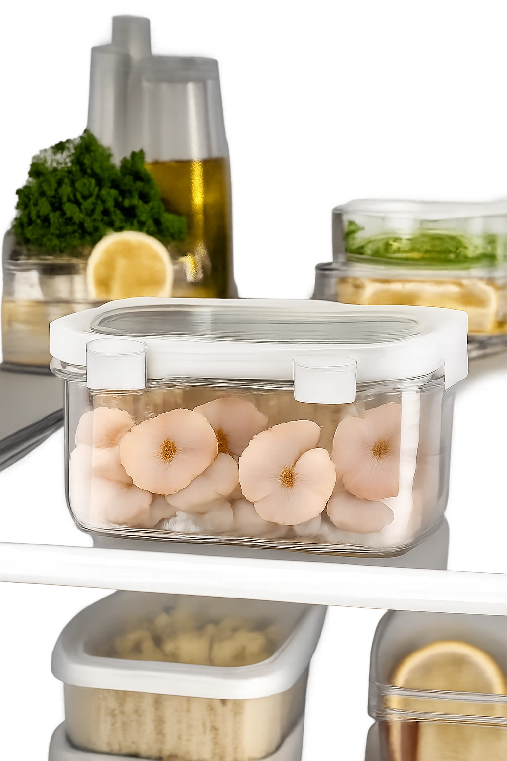 Airtight container of peeled shrimp stored in fridge