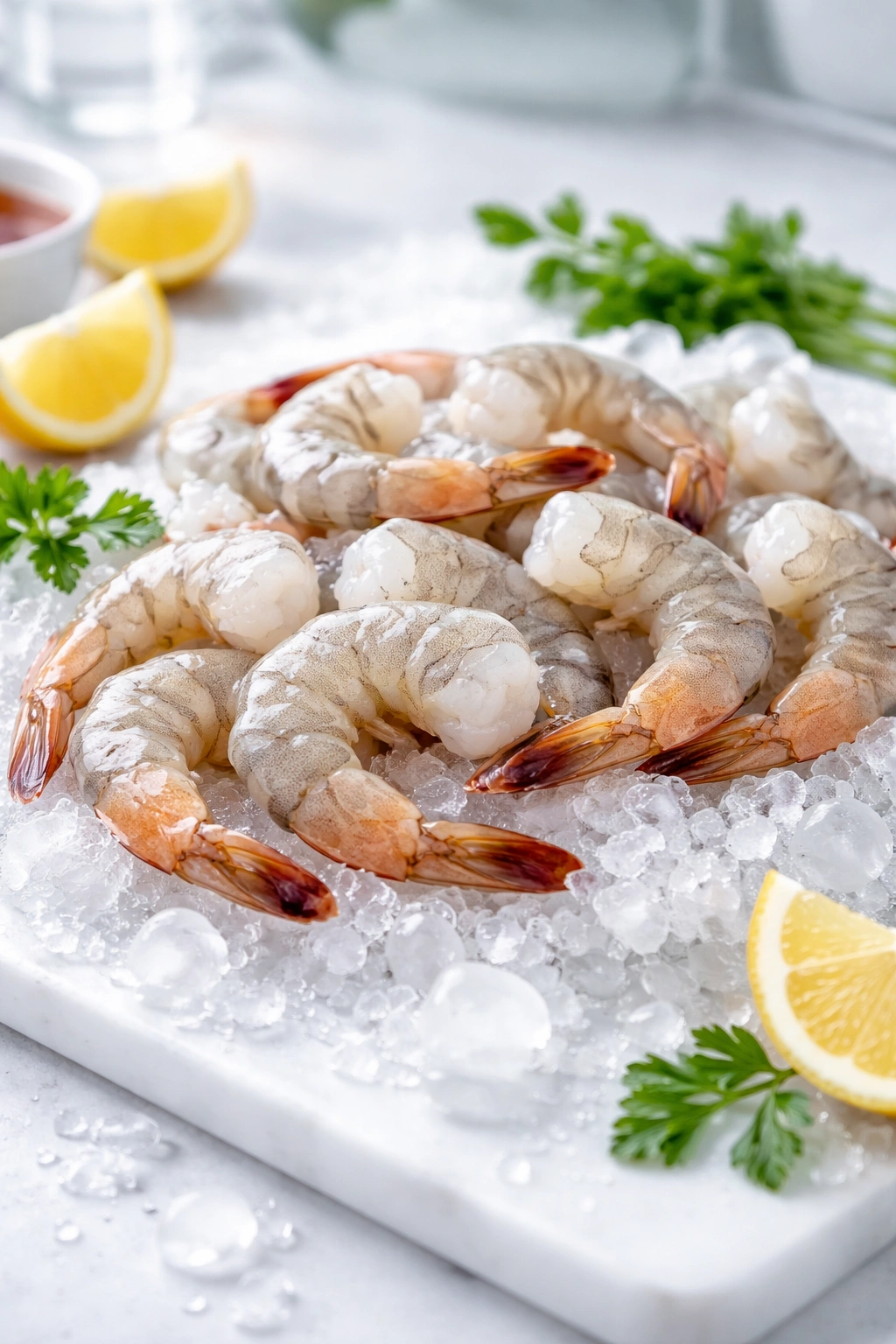 Fresh raw shrimp on ice on a clean surface, signaling proper storage