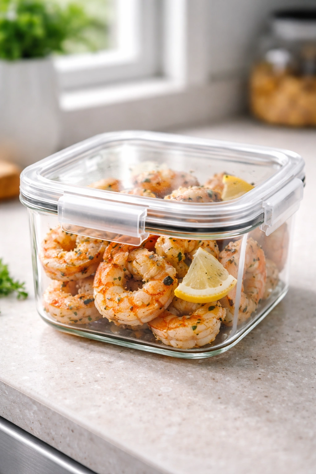 Airtight container of cooked shrimp ready for storage