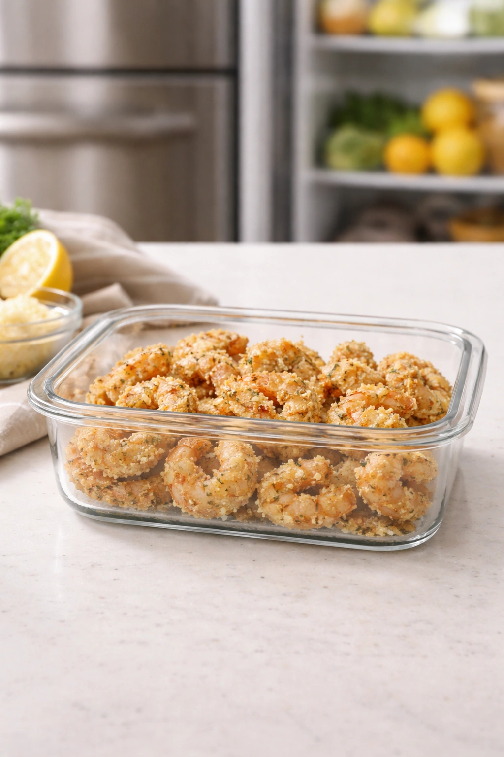 Storage container with seasoned shrimp ready to refrigerate.