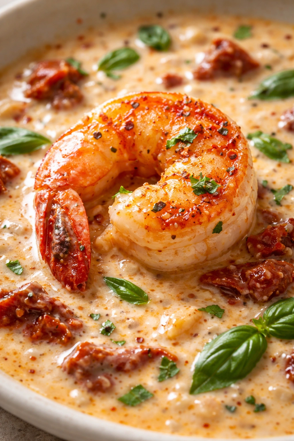 Shrimp on sun-dried tomato cream sauce with garlic and basil