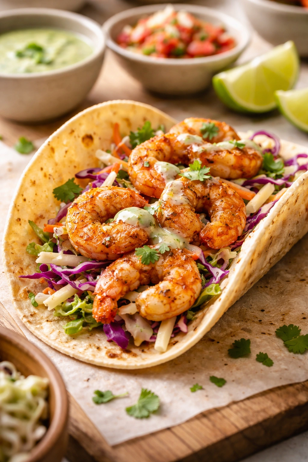 Single shrimp taco with slaw and sauce