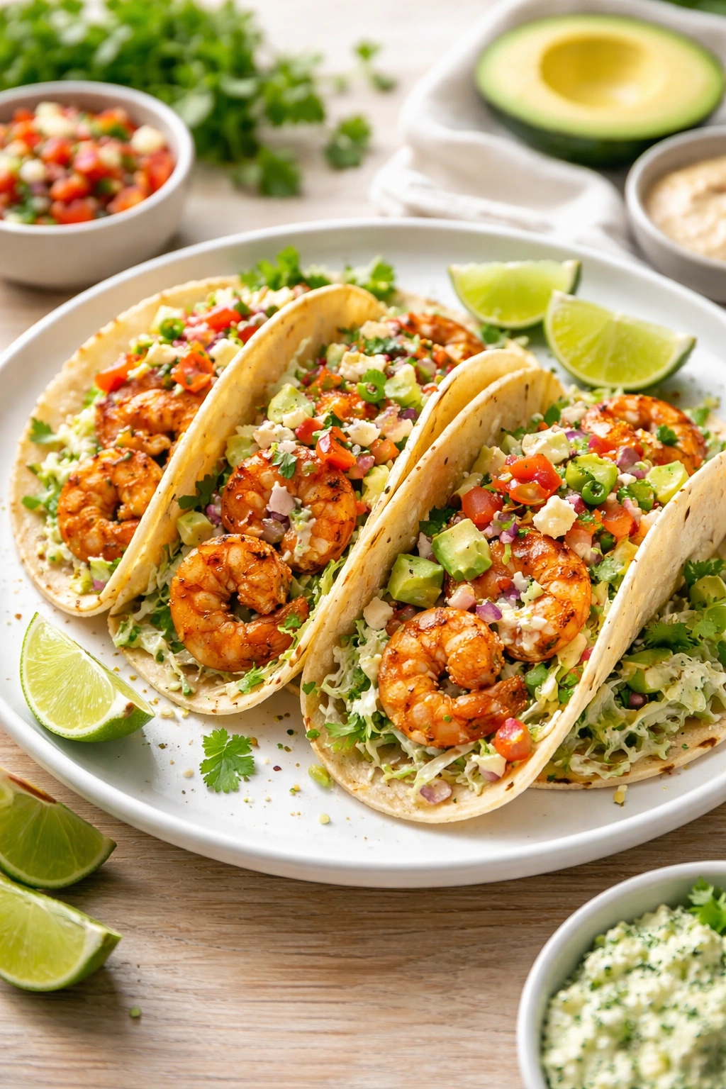 Quick shrimp tacos with cilantro lime slaw on a plate
