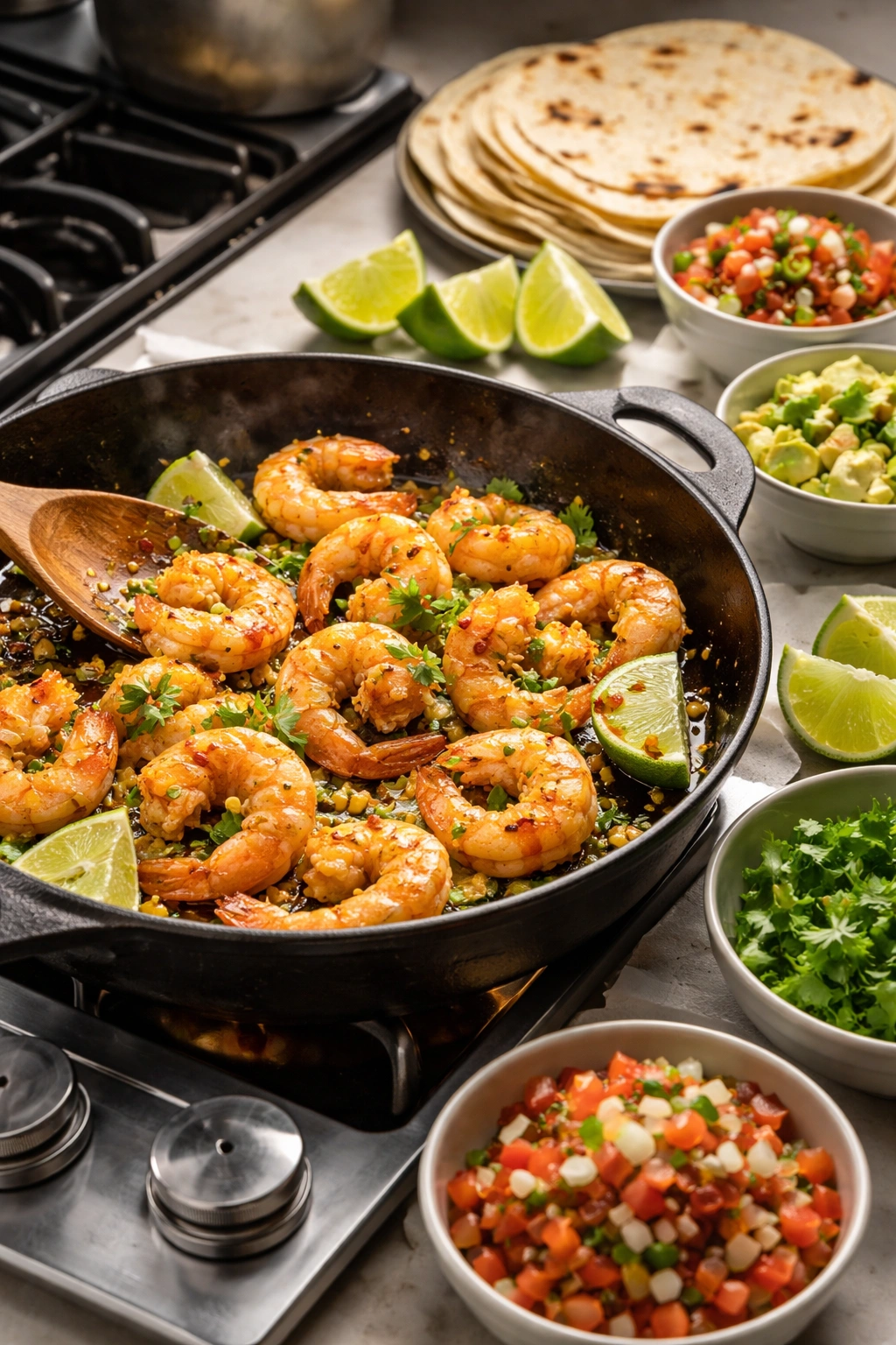 Shrimp in skillet with lime and garlic for tacos