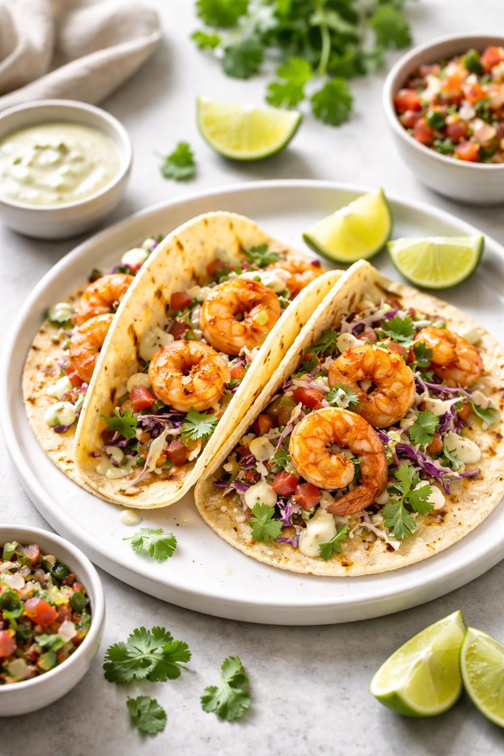 Two shrimp tacos with cabbage slaw on a white plate