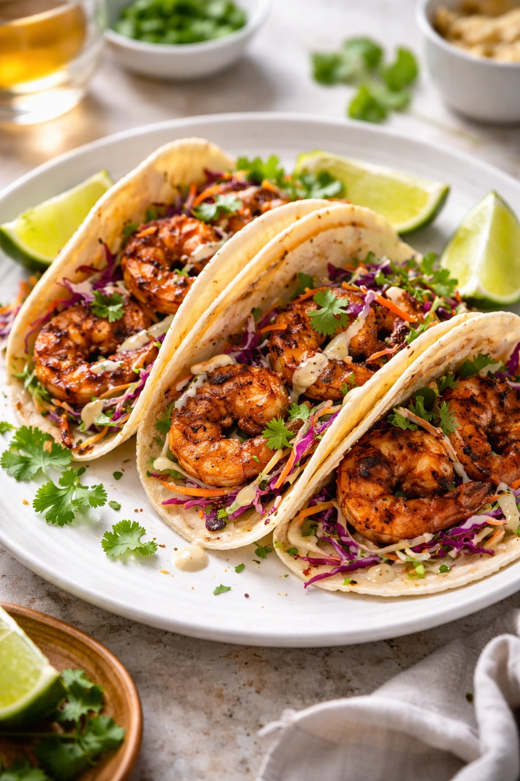 Blackened shrimp tacos with crispy slaw on a plate