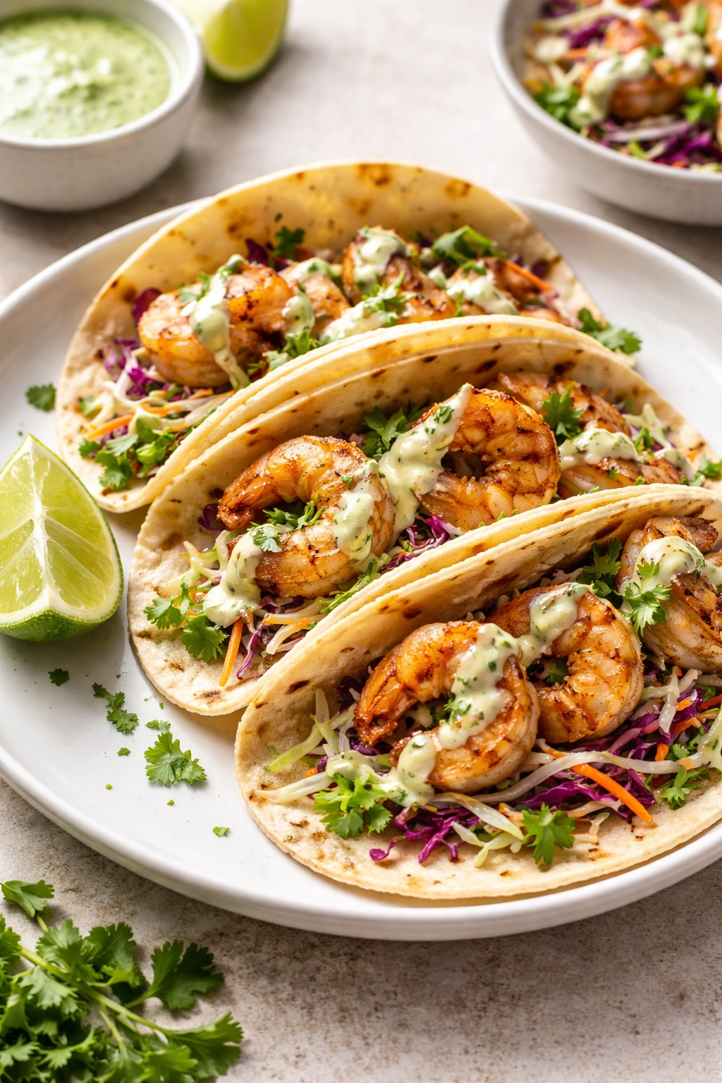 Shrimp tacos plated with slaw and lime wedge