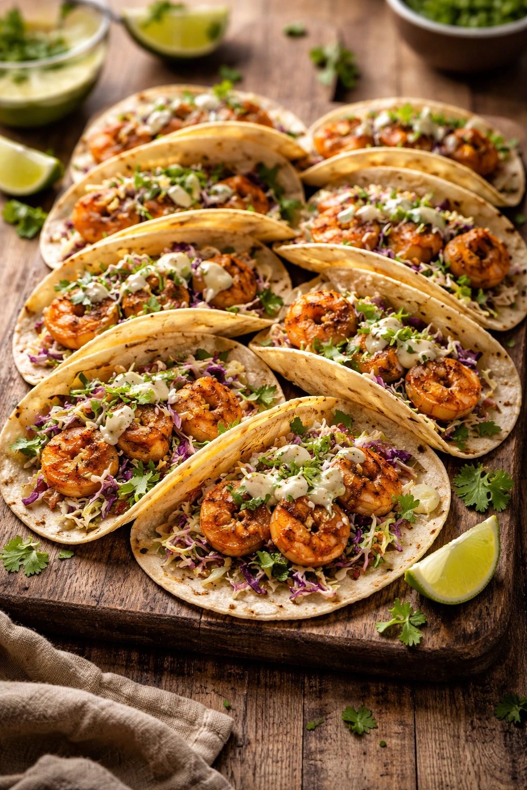 Eight shrimp tacos plated on a wooden board, showcasing slaw and tortillas