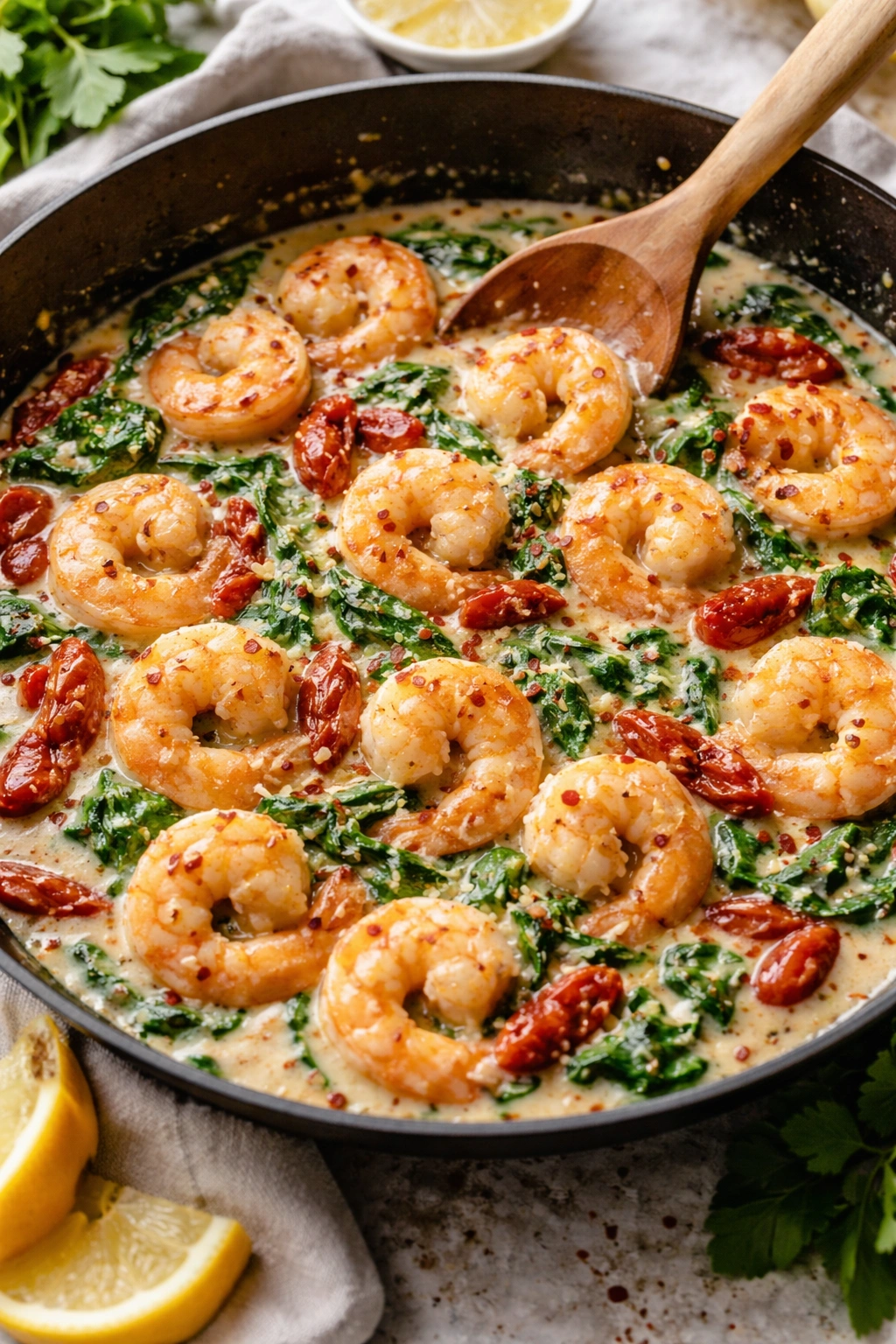 Creamy garlic shrimp with sun-dried tomatoes and spinach in a skillet (Tuscan variation)