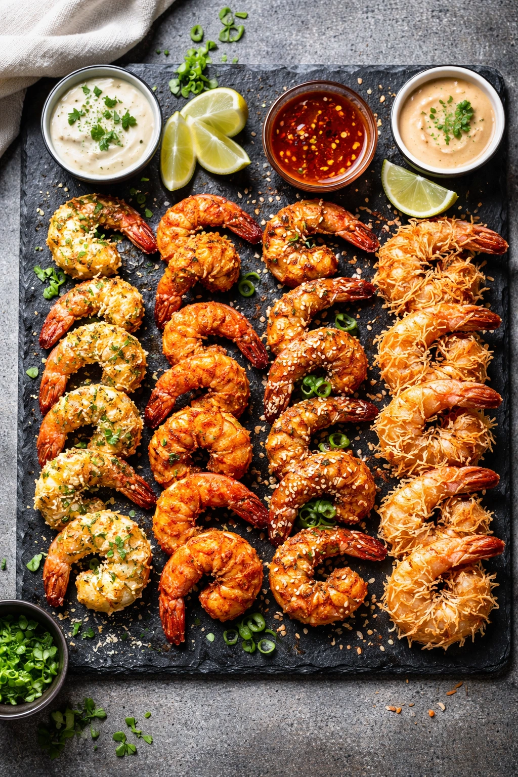 Assorted coated shrimp variations showcasing different flavor adaptions