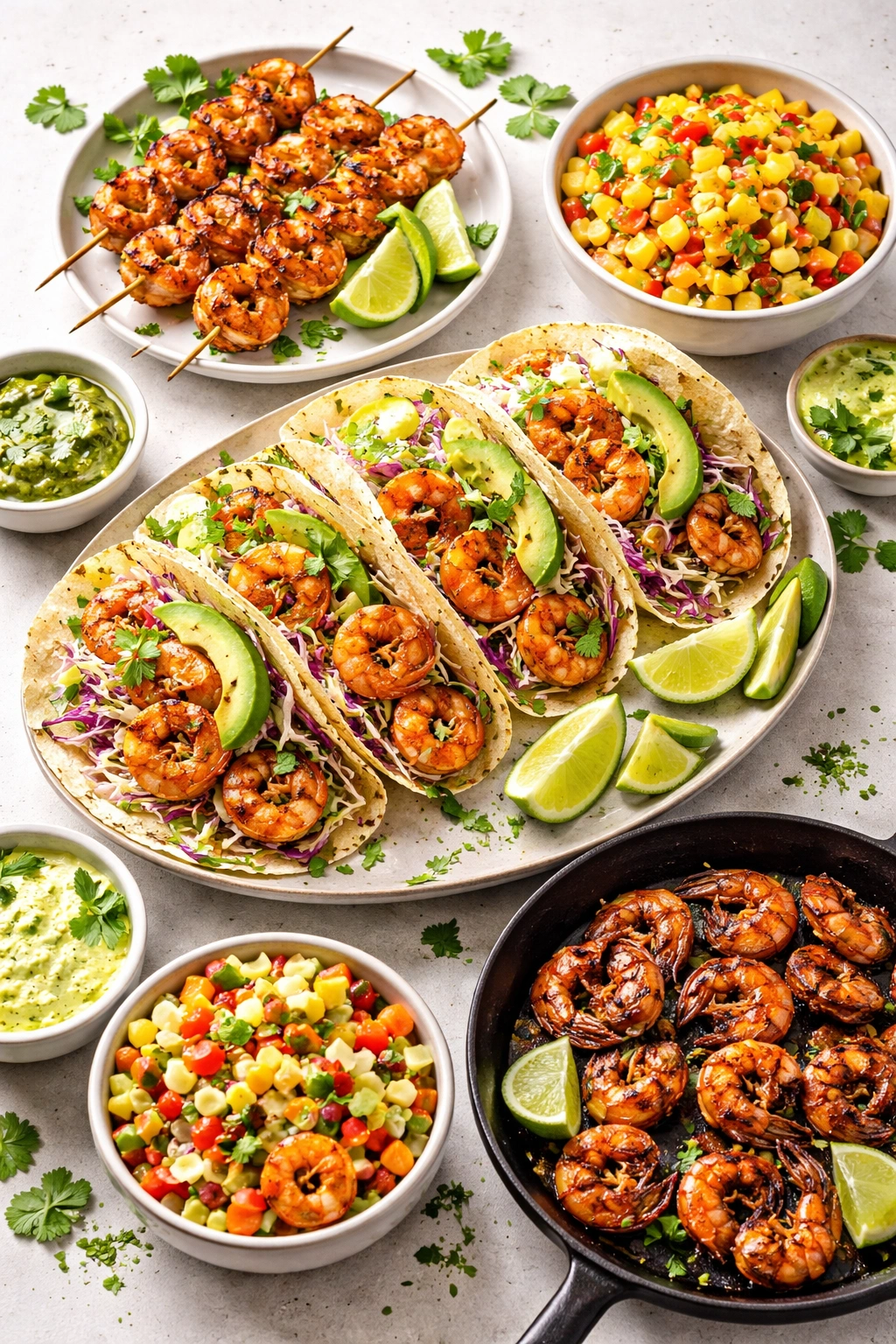 Assortment of shrimp taco variations including spicy, grilled, avocado-topped, and mango-salsa styles on a clean surface