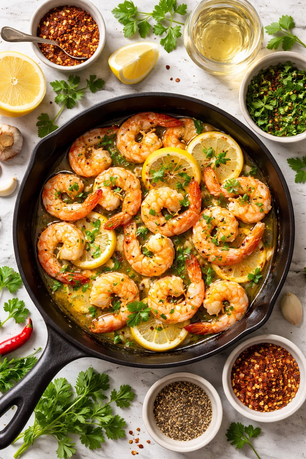 Shrimp with herbs and chili flakes suggesting variations.