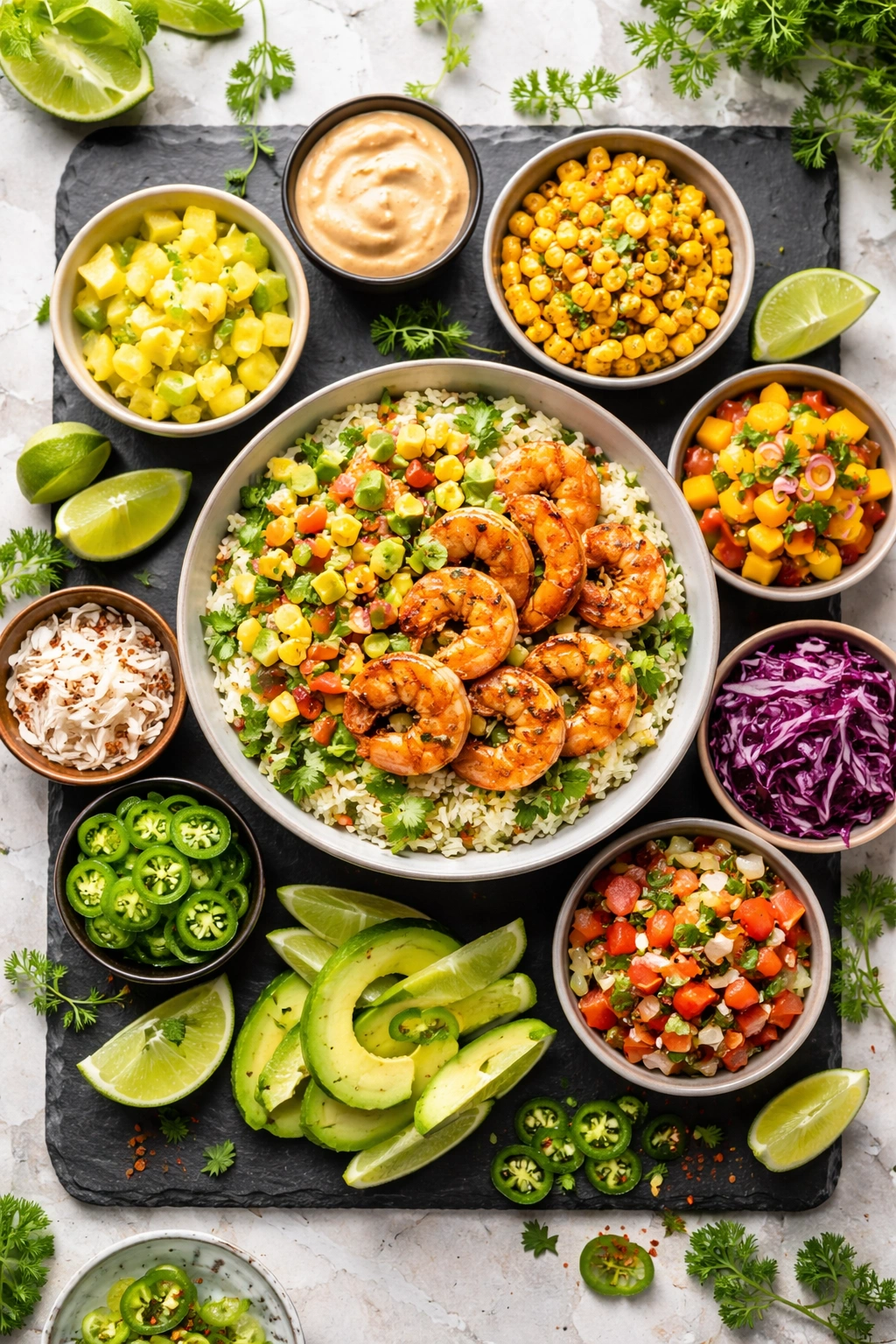 Colorful shrimp bowl with varied toppings arranged around center bowl
