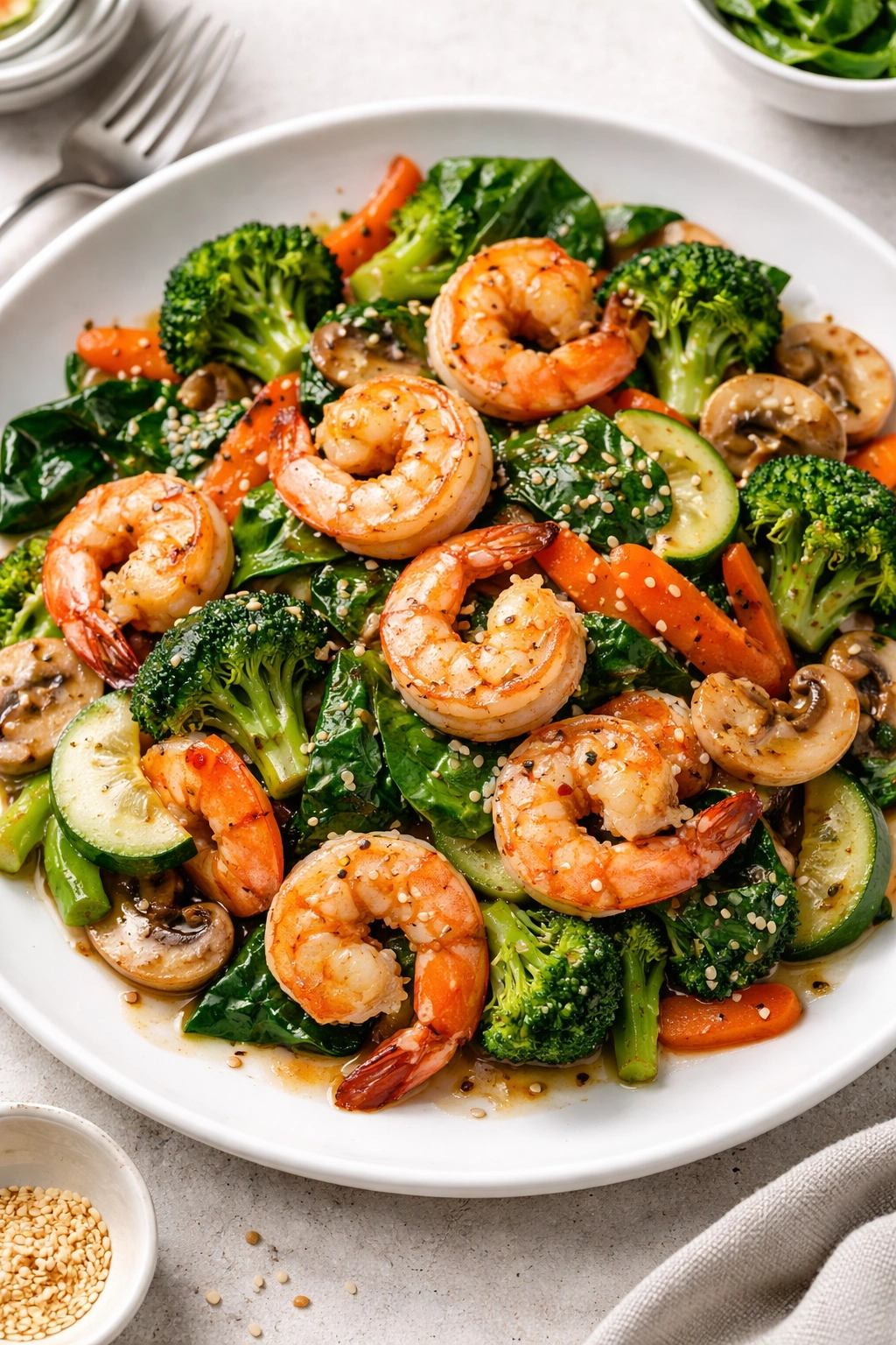Colorful shrimp stir-fry plate with broccoli carrots mushrooms zucchini spinach