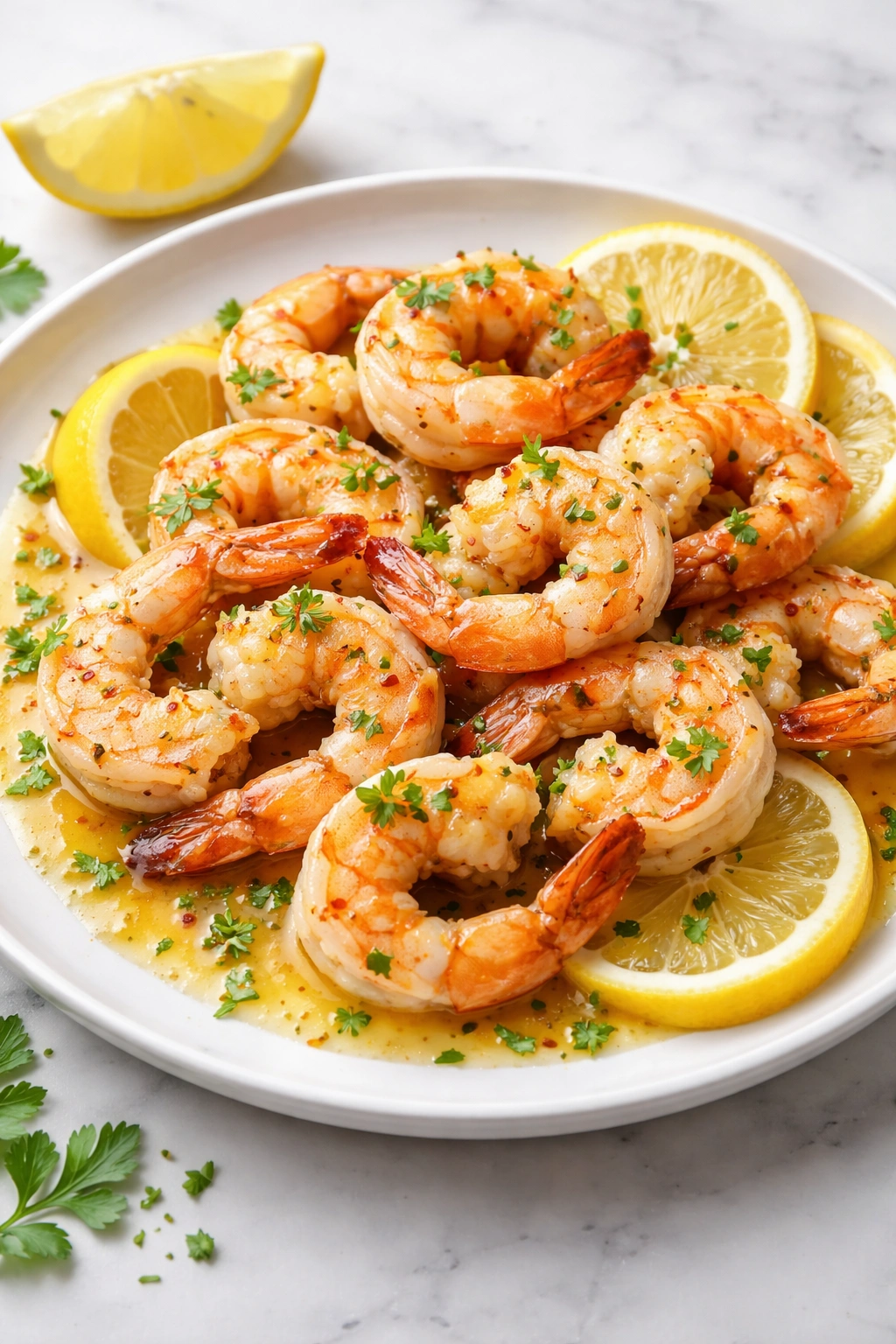 Plate of lemon butter shrimp highlighting shrimp versatility for weeknight dinners.