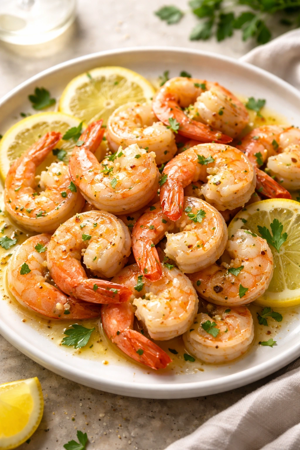 Close-up of plump pink shrimp on a white plate in warm kitchen lighting.