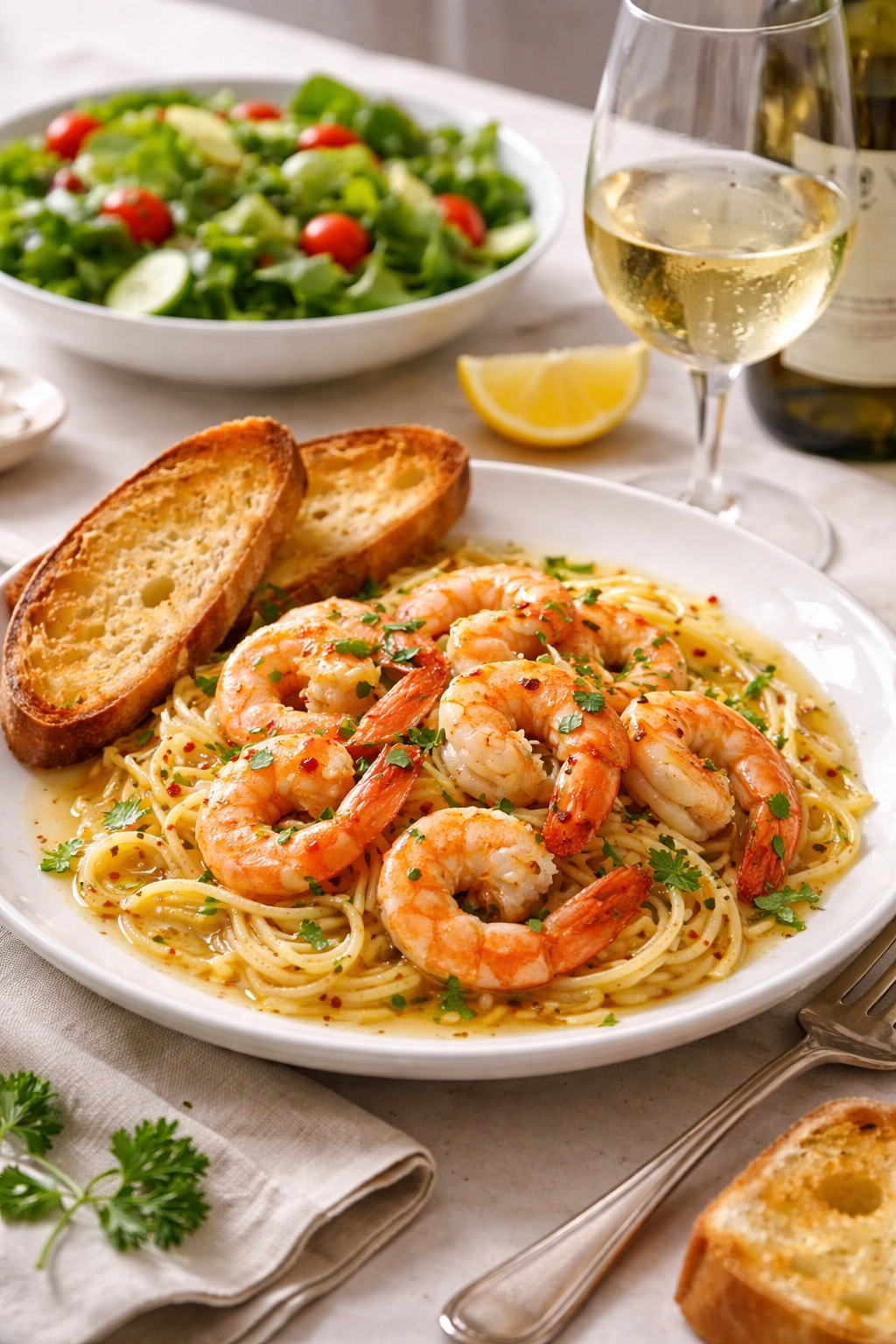 Shrimp scampi plated with bread and wine on a table.