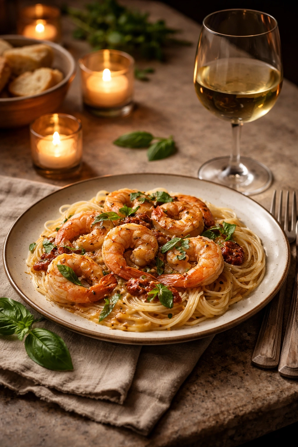 Final thoughts: plated shrimp with wine on candlelit table