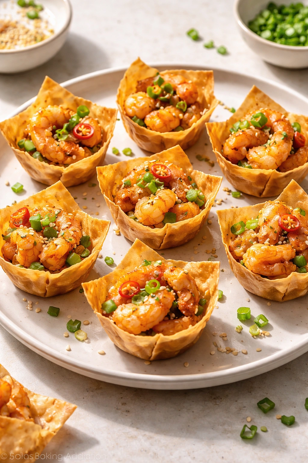 Crispy shrimp-filled wonton cups on a neutral plate