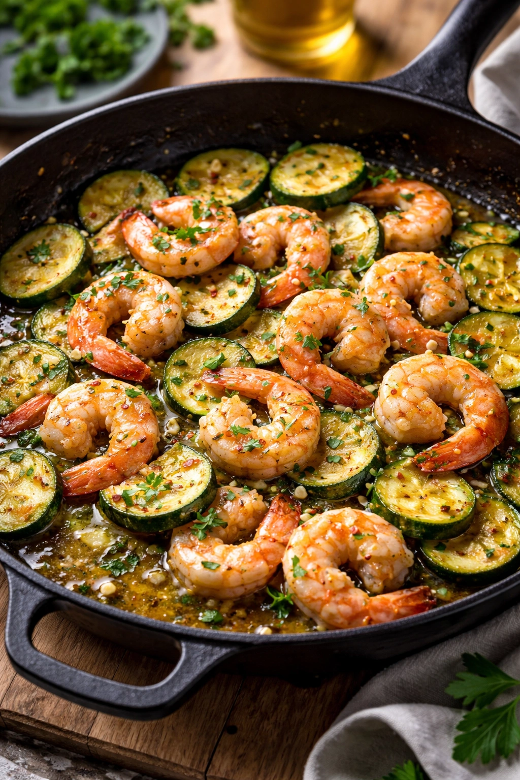 Skillet with shrimp, zucchini, and garlic butter sauce ready to plate