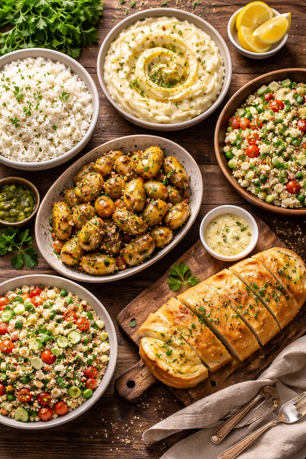Assorted side dishes including rice, mashed potatoes, roasted potatoes, quinoa salad, and couscous on a wooden table.