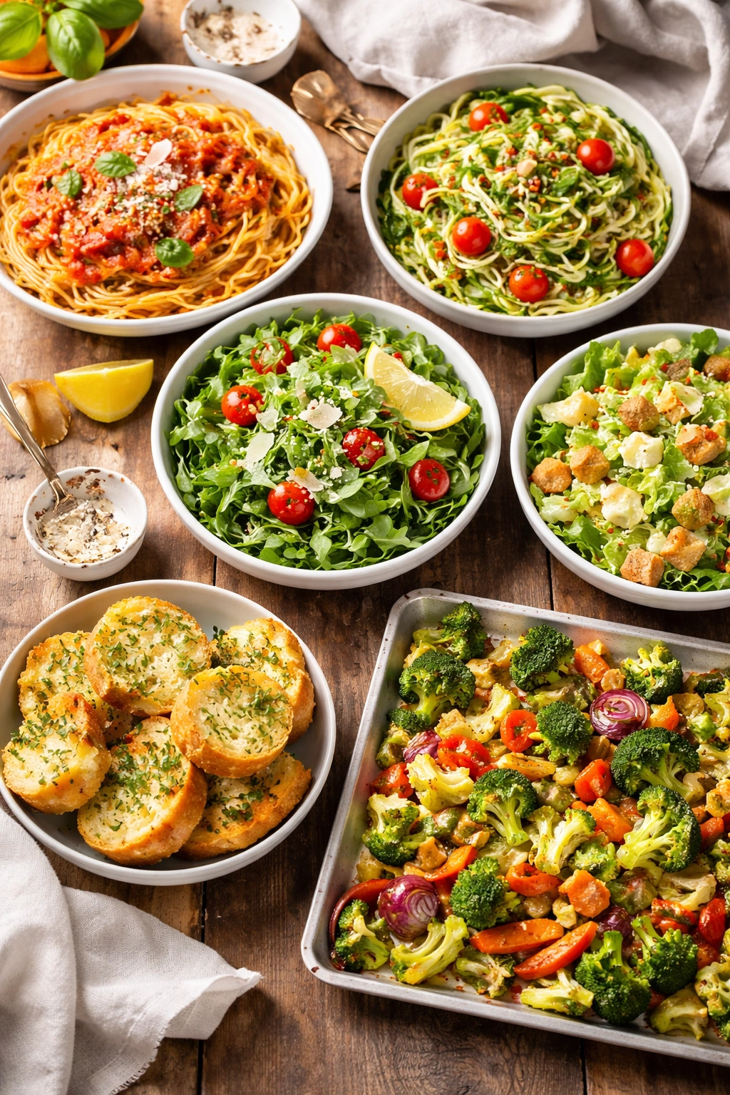 Top-down view of assorted side dishes including pasta, zucchini noodles, salads, and roasted vegetables on a rustic board