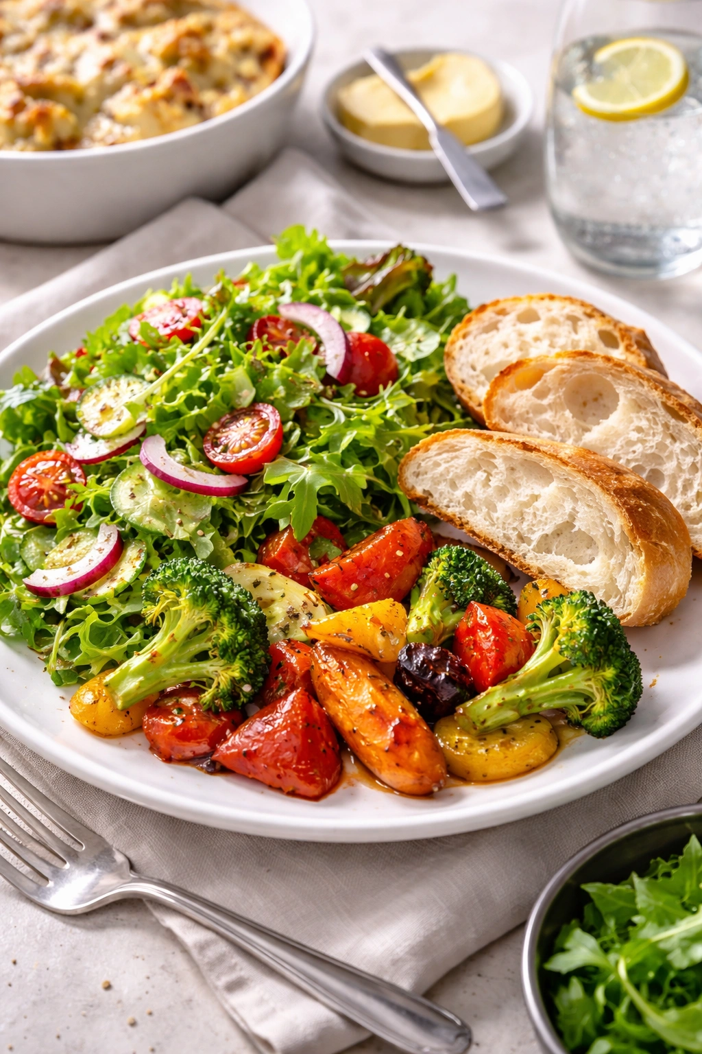 Plate with salad, bread, and roasted vegetables as sides
