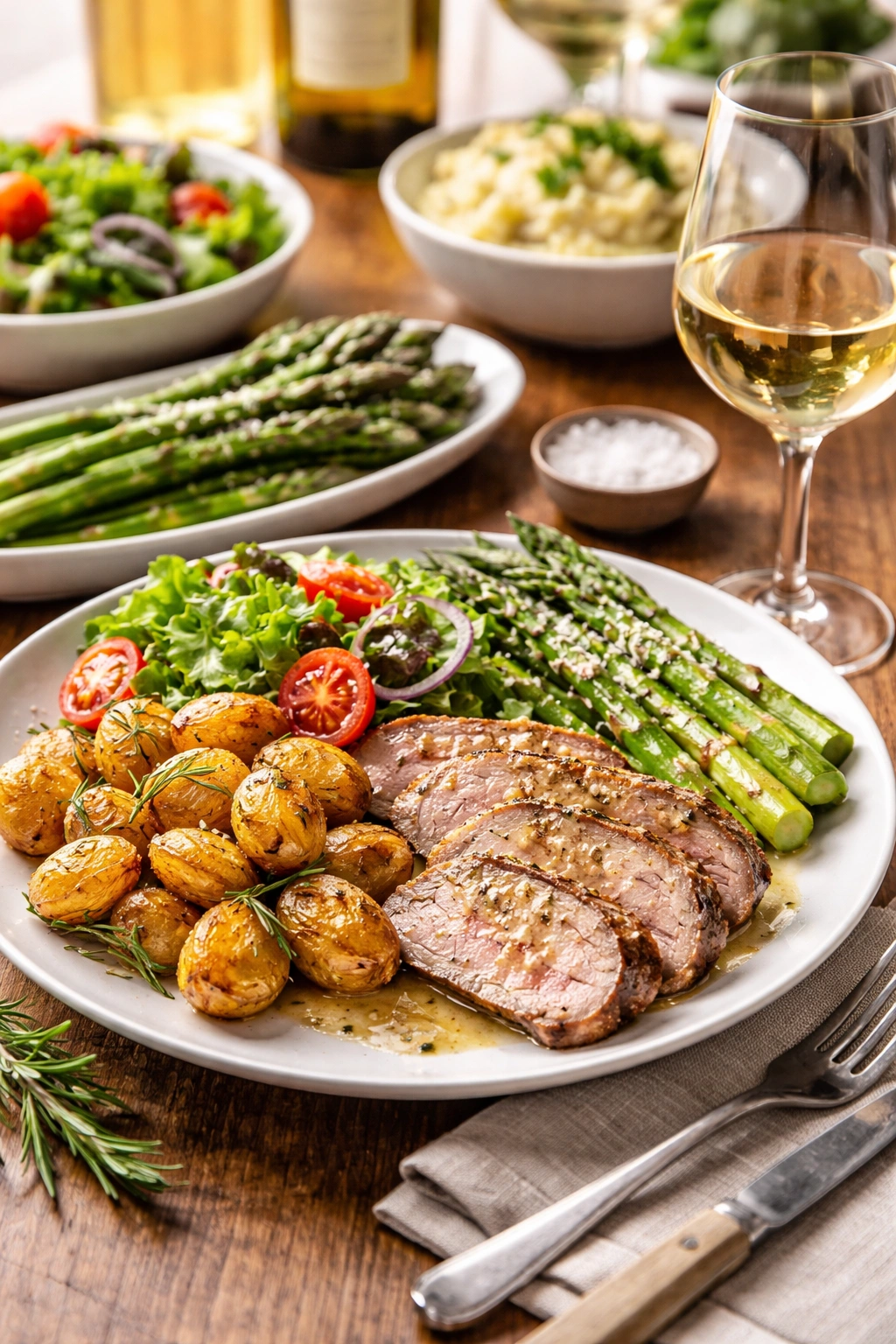 Plate with roasted potatoes and a glass of white wine for pairing
