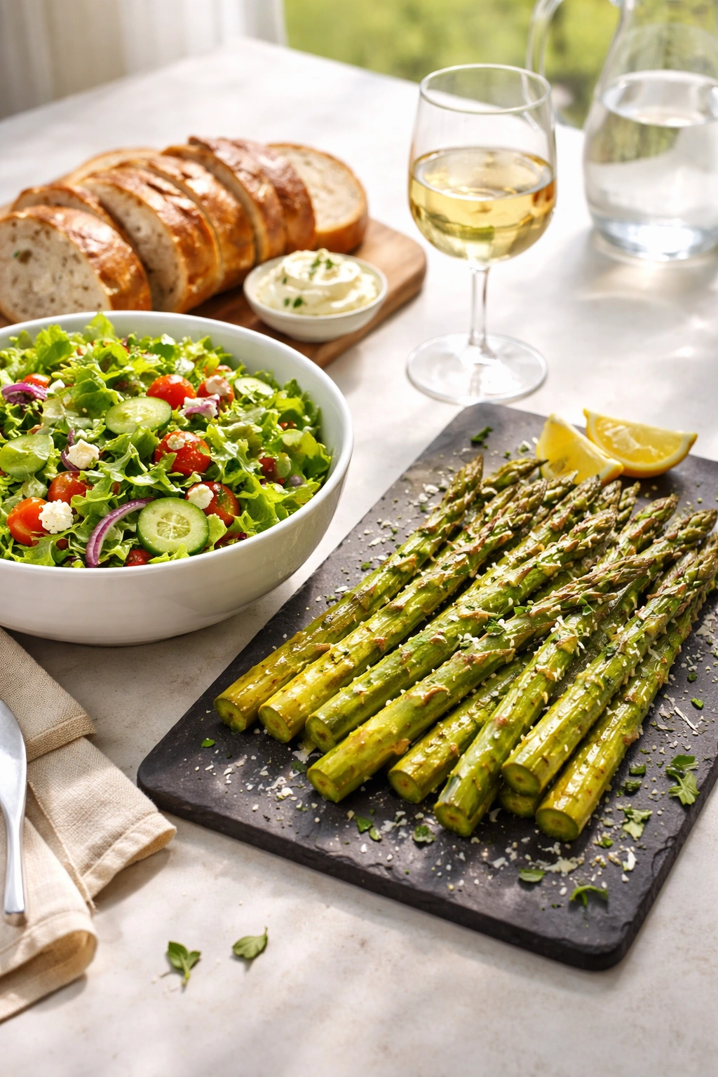 Assorted side dishes and a glass of white wine arranged for pairing with the casserole.