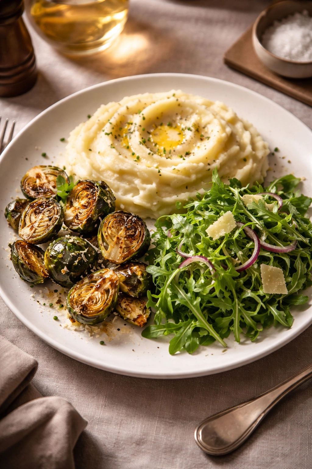 Plate featuring three side dishes: mashed potatoes, Brussels sprouts, and arugula salad.