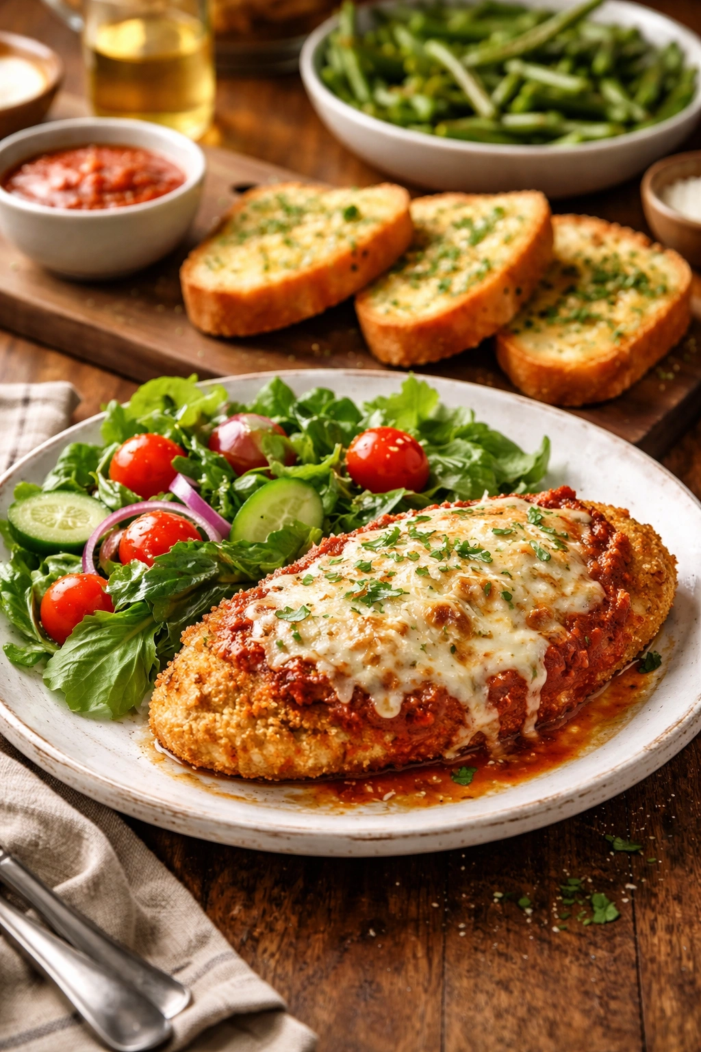 Plate of chicken parmesan with green salad and garlic bread on a wooden board