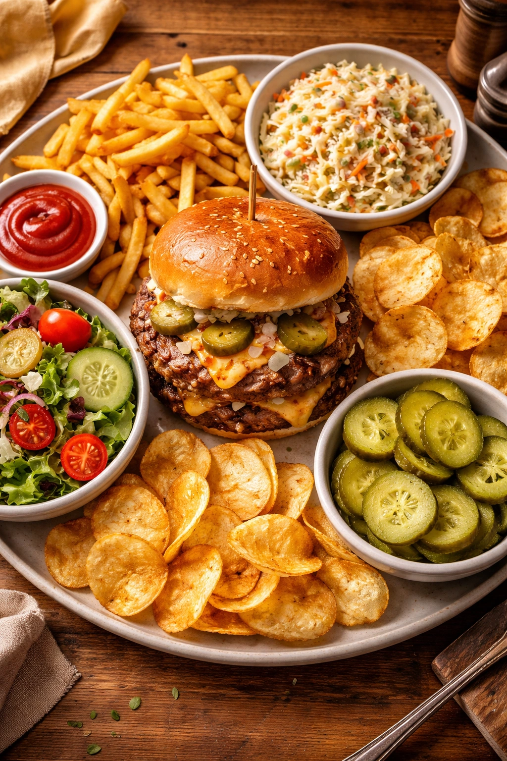 Platter of sides including fries, coleslaw, chips, pickles around a central smash burger