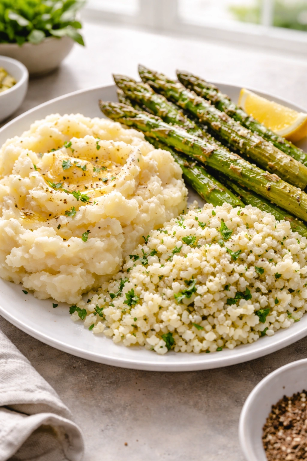 Plate with mashed potatoes, asparagus, and cauliflower rice as sides
