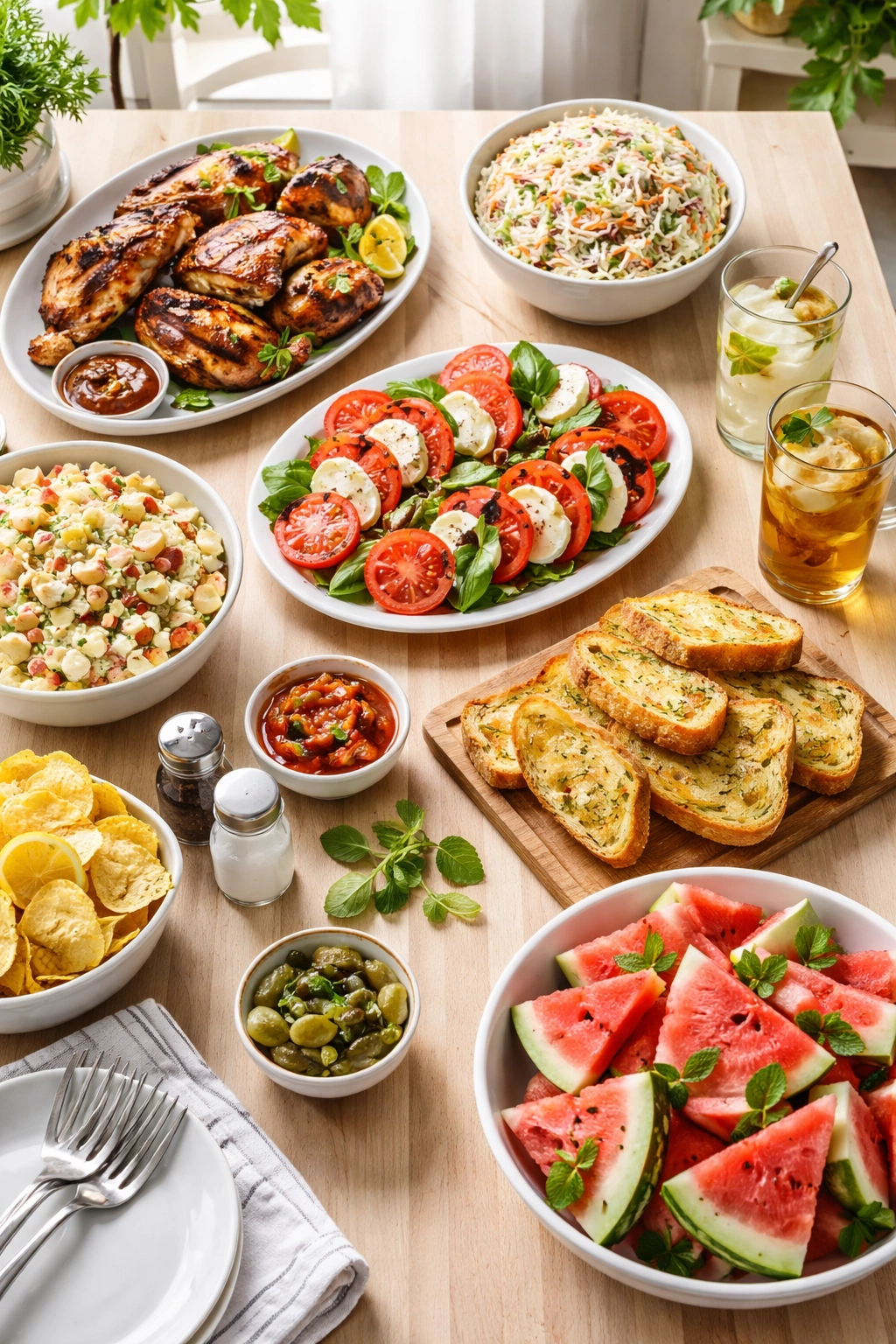 Minimal table setting with assorted side dishes on a light wood table